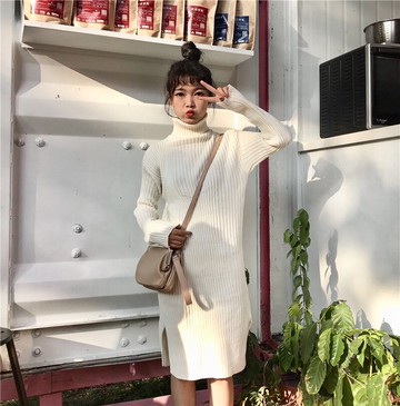 時尚高領連衣裙女秋冬新款韓版長袖中長款顯瘦百搭打底針織毛衣裙1入