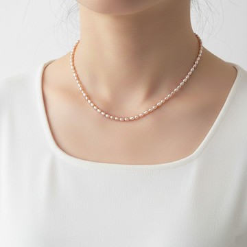 氣質淺玫瑰粉紫 米粒淡水珍珠 純銀可調整項鍊 | 可改 14Kgf 包金