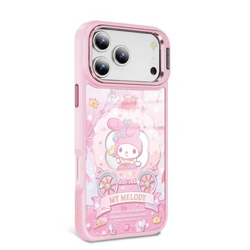 iPhone全系列軍規防摔合金框隱形立架鏡面磁吸殼-馬車美樂蒂-粉框