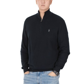 Polo Ralph Lauren 經典刺繡小馬素面立領半開襟針織棉質毛衣-黑色
