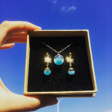 聖誕雪花 玻璃球 項鍊 耳環套組【雪女神月下恩典】