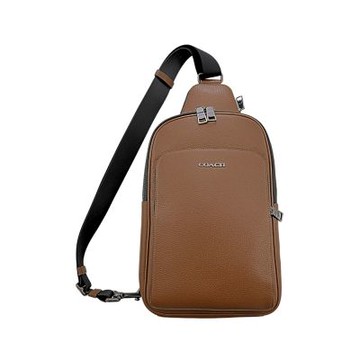 COACH鞍革棕荔枝紋皮革直式單肩後背胸包男包