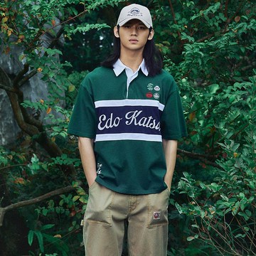 江戶勝 日系 男裝 立領學院風剪接短袖T恤(深綠色) #上衣