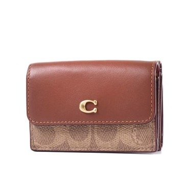 COACH 專櫃款 經典緹花LOGO三折零錢袋短夾-卡其色