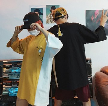 FINDSENSE H1 2018 夏季 新款 卡通印花 拼接撞色  寬鬆 舒適透氣 情侶T恤 短袖 時尚 潮男女 上衣