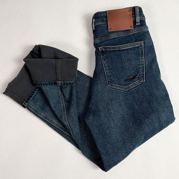 花匣子冬季61912高腰直筒褲彈力加絨修身顯瘦保暖個性水洗牛仔褲