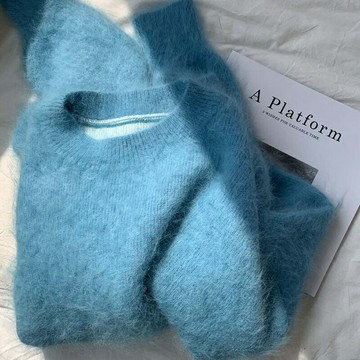 克萊因藍高級感圓領寬松軟糥針織衫2022春秋圓領設計感休閑毛衣潮