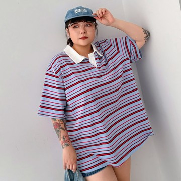 LULUS/PLUS/中大尺碼/撞色橫紋POLO領寬鬆T恤３色【A01260145】260408