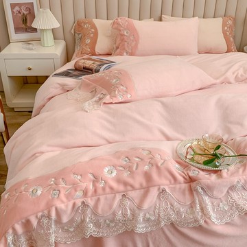 韓式蕾絲花邊牛奶絨四件套加厚保暖珊瑚絨被套雙面加絨法蘭絨被罩