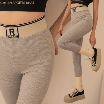 ◆PUFII-內搭褲 R字母鬆緊腰直坑條內搭褲長褲-1123  冬【CP26318】