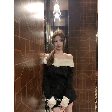 Wuuus【浪漫時區】雙版本 法式蛋糕花邊毛織衫女一字肩針織上衣