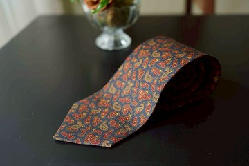 紳士古董絲質領帶-YSL-100% silk古著深棕變形蟲印花