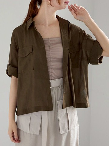 透明感五分袖口袋造型翻領襯衫(0F000868810) - Te chichi