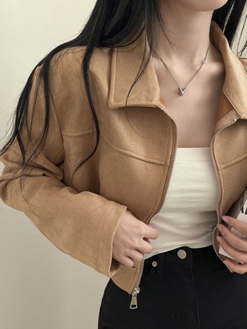 9th street 韓國Chic 法式復古 純色顯瘦 翻領拉鍊麂皮絨短版夾克 共三色 (預購)