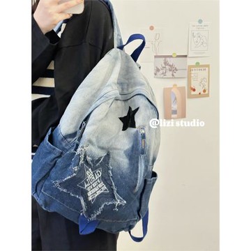 韓版森系文藝古著感書包做舊水洗牛仔帆布學生學院背包雙肩包女