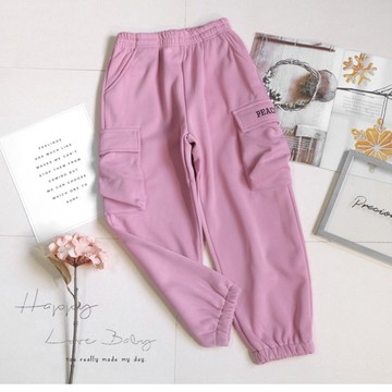 女大童 厚款 英文簡約素面霧粉厚磅寶寶絨棉褲 秋冬童裝 大童長褲 大童休閒褲 大童棉褲 大童褲子