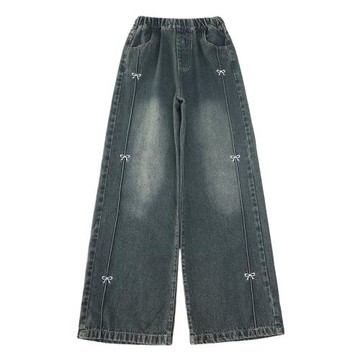 女童牛仔褲秋冬裝時尚兒童中大童寬松刺繡闊腿褲加絨加厚冬季褲子