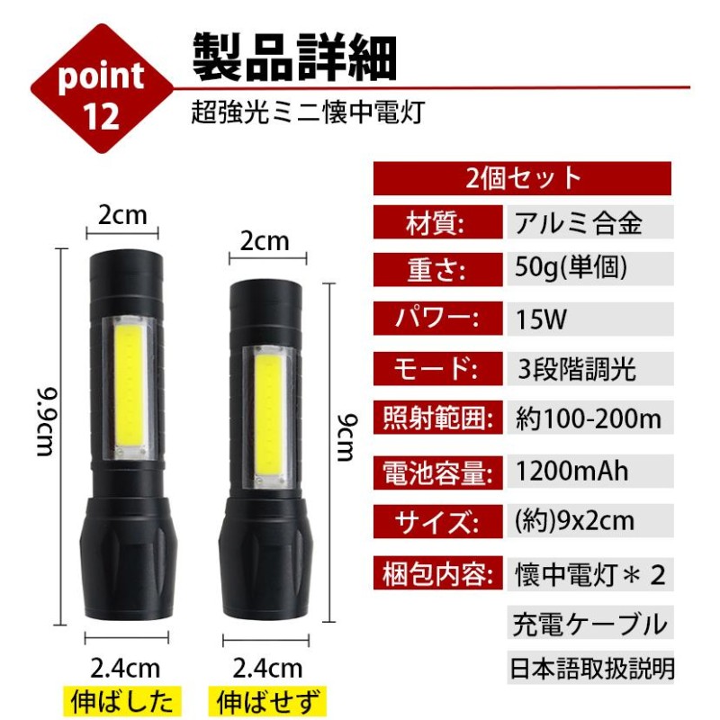 伸縮ズーム】懐中電灯 LED 充電式 強力 USB 小型 フラッシュライト