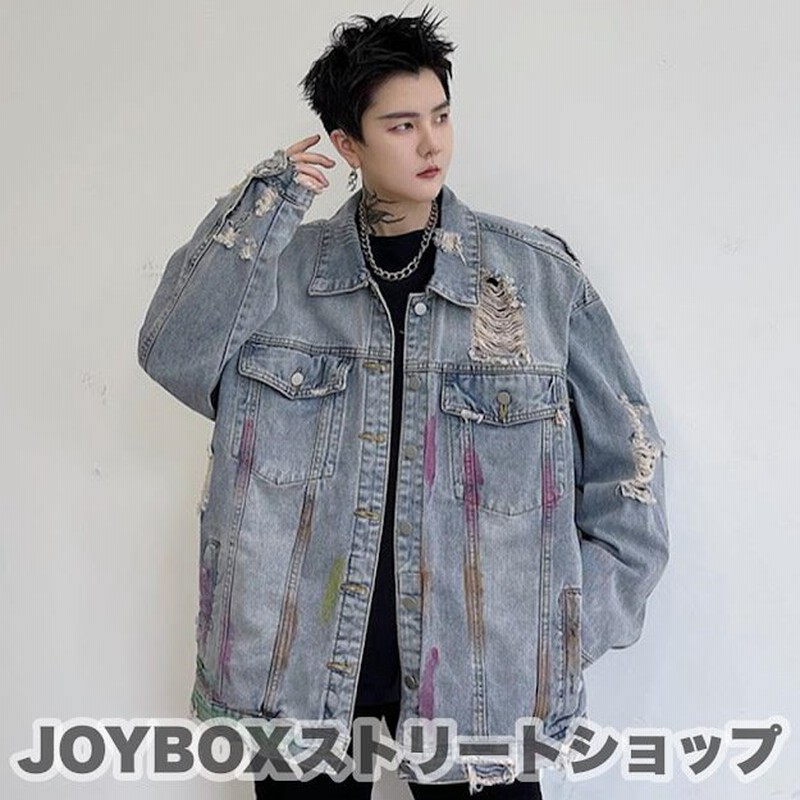 ダメージ ペイント デニム ジャケット Gジャン ジージャン 韓国 ストリート Hiphop 原宿系 Y2k K Pop ダンス 衣装 レディース メンズライク 5j 366 通販 Lineポイント最大1 0 Get Lineショッピング