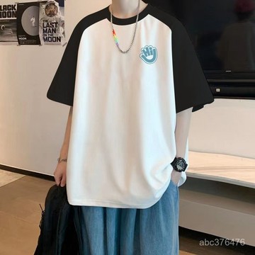 免運 重磅純棉 黑白撞色 拼接上衣  短袖 寬鬆 休闲运动 T恤男 百搭簡約小圖 圓領上衣