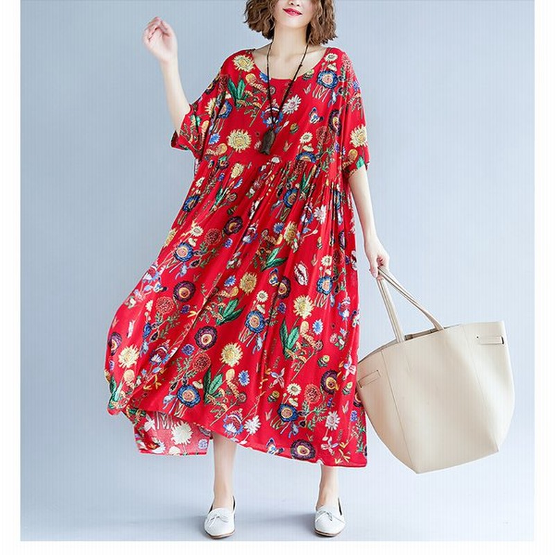 ロング ドレス 人気 女 レディース 服 赤 ワンピース カジュアル ゆったり 花柄 春 夏 秋 通販 Lineポイント最大get Lineショッピング