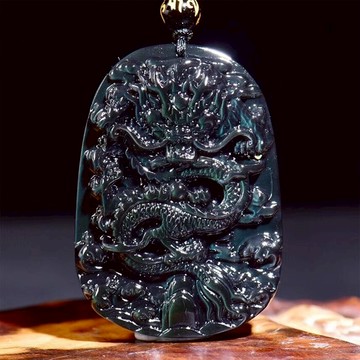 開光 天然黑曜石龍牌吊墜 彩虹眼黑曜石立體龍吊墜 霸氣黑龍掛墜