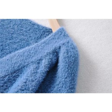 【包郵】法式ins甜美毛衣V領三粒扣藍色燈籠袖上衣外套女針織開衫