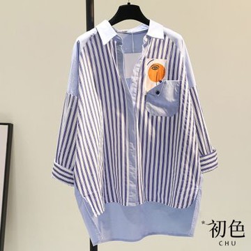 初色 撞色條紋拼接不對稱口袋長袖襯衫上衣-藍色-30593(M-2XL可選)