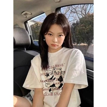 純棉美式複古卡通正肩短袖T恤新款設計感寬鬆半袖體恤 女生上衣 慵懶風 男生短袖 oversize寬鬆 韓版短T 圓領半袖