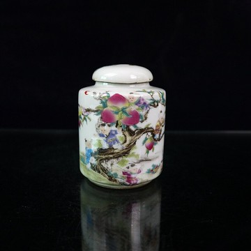 景德鎮陶瓷器擺件 粉彩九子攀桃罐子 童子茶葉罐儲物罐家居裝飾品