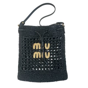 二手品 MIUMIU 拉菲草編織米字母LOGO小提包 黑