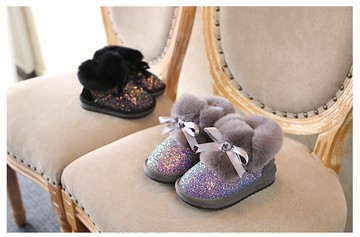 女童中童鞋   韓版兒童仿兔毛低筒雪地靴女童亮片加厚公主鞋寶寶保暖棉鞋  瑪麗蘇