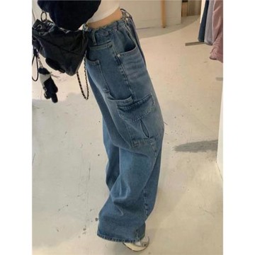 韓國2024高腰抽繩寬松顯瘦工裝牛仔褲復古水洗藍闊腿老爹褲長褲女