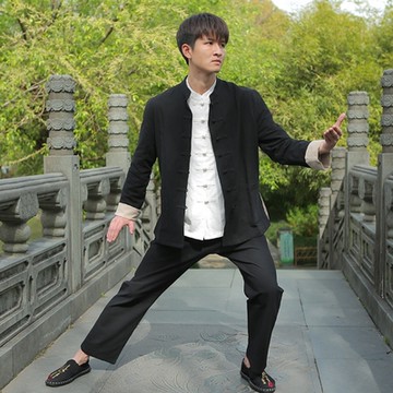 [米蘭精品] 唐裝中山裝套裝-太極功夫氣功茶禪三件套長袖男套裝8色74jf26