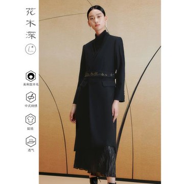 【博主同款】花木深新中式黑色風衣女長款羊毛西裝外套中國風大衣