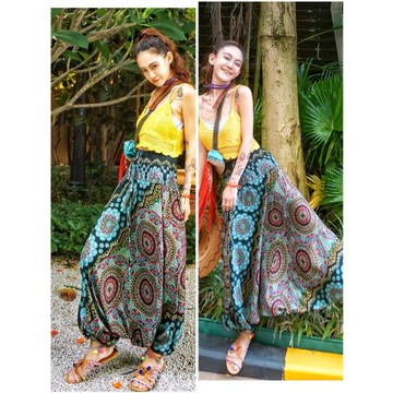 羅大娘泰國大襠褲闊腿沙灘長褲高腰瑜伽褲海邊度假辣妹休閑民族風