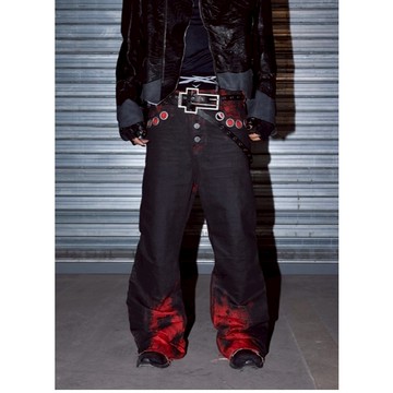 ☆LimeLight☆ DARKRTPTS 暗黑熔岩手工刷蠟排扣褶皺水洗拖地微喇牛仔褲小眾長褲