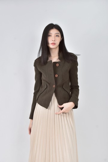 (XS（含）以下) theyskens theory秋冬羊毛棉質排扣皮質綠色外套