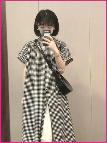 日系復古文藝格紋襯衫洋裝女新款寬鬆休閒單排扣時尚簡約長裙 ABEF