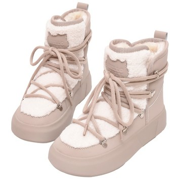 Ann’S X Sanrio三麗鷗 HELLO KITTY 聯名 奶茶泰迪絨毛綁帶厚底雪靴4cm-杏