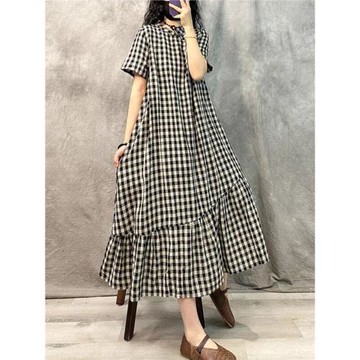 棉麻連衣裙女夏季新款復古中式斜襟盤扣格子高端寬松大碼休閑長裙