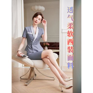 西裝套裝女2024新款短袖酒店前臺珠寶美容師灰色工作服夏季薄款