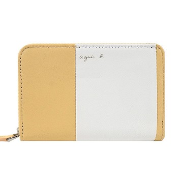 [平輸版]agnes b. 草寫LOGO雙色拼接羊皮零錢包-黃白/真品平輸