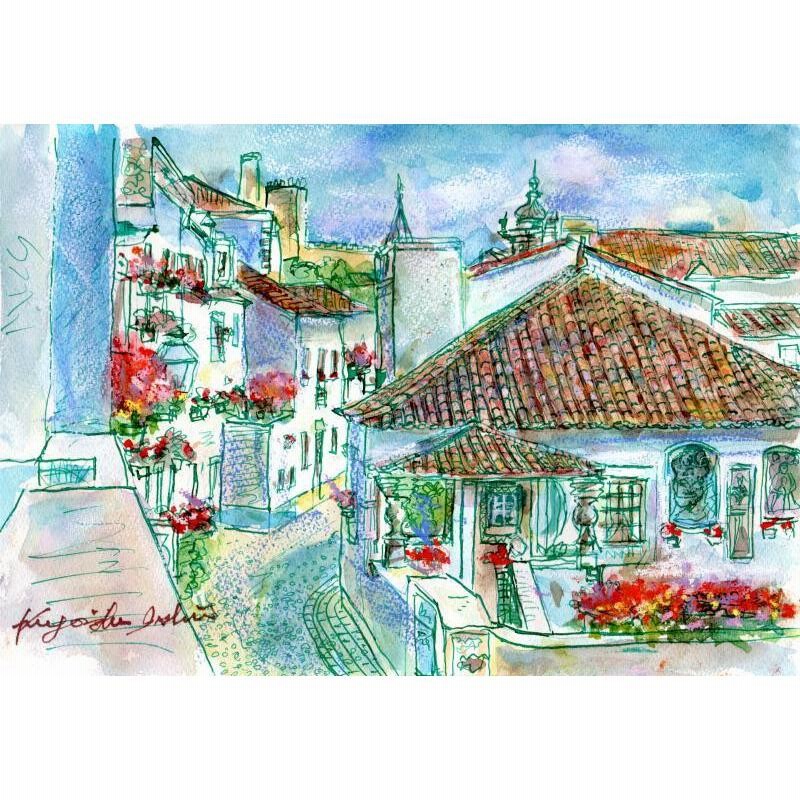 ポルトガル風景画、油絵、額付き