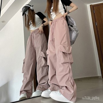 ins辣妹美式工裝褲夏季薄款女設計感小衆顯瘦休閒闊腿褲粉色長褲