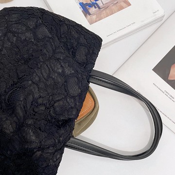 日本製-尾州織 精緻黑蕾絲水餃包手提包