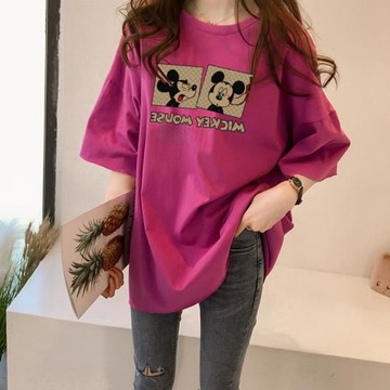 中長款短袖T恤女2026夏季新款韓版寬松大版顯瘦半袖休閑印花上衣