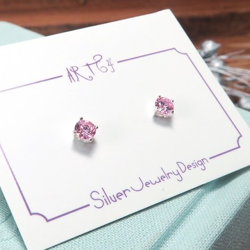 ART64 淺粉紅單鑽 925純銀耳環 4mm圓形爪鑲設計 養耳棒 養耳針 抗敏耳環