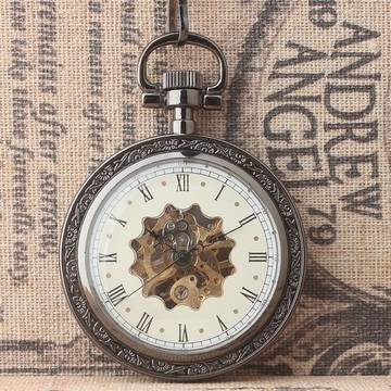 2016新款全黑色鎢鋼槍色復古機械懷表正品無蓋式上弦掛表老人懷表1入