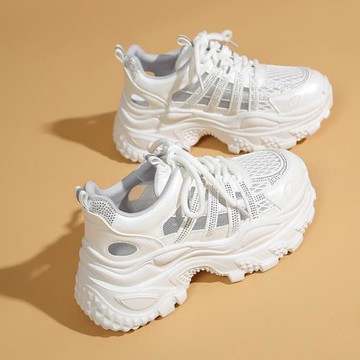 真皮運動涼鞋女透氣2025夏季新款厚底跑步洞洞鞋百搭內增高老爹鞋